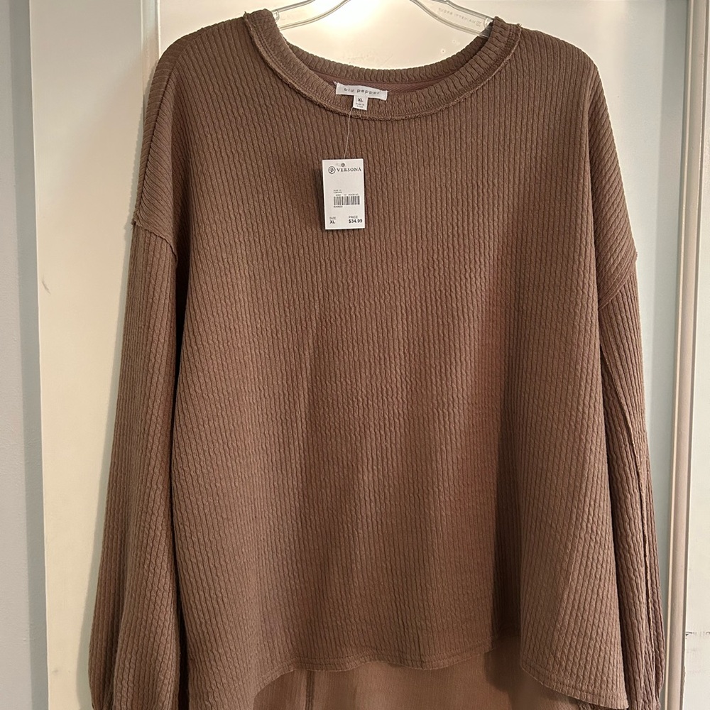 Brown Ribbed Long Sleeve Top